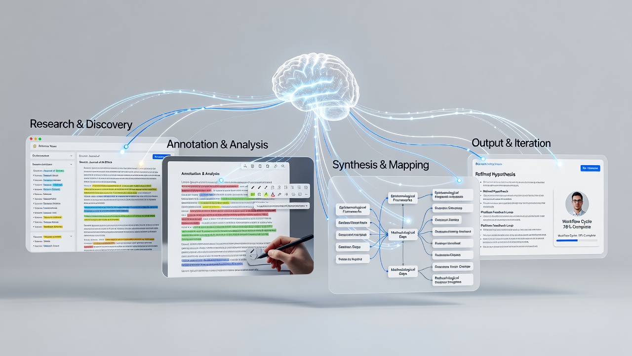 Digital mind map generated from annotations showing connected intellectual threads in a solo research project