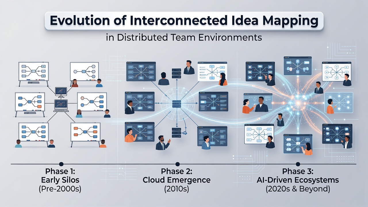 Contemporary interconnected idea mapping interface showing real-time collaboration features for distributed teams